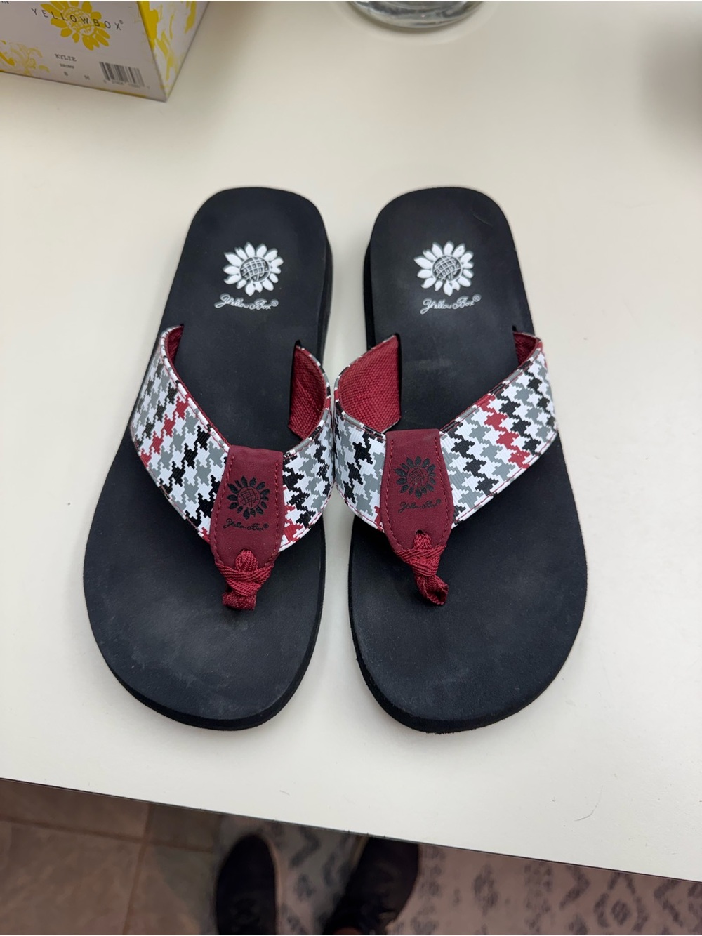 Yellow Box Black Flip Flops with Burgundy Houndstooth Straps